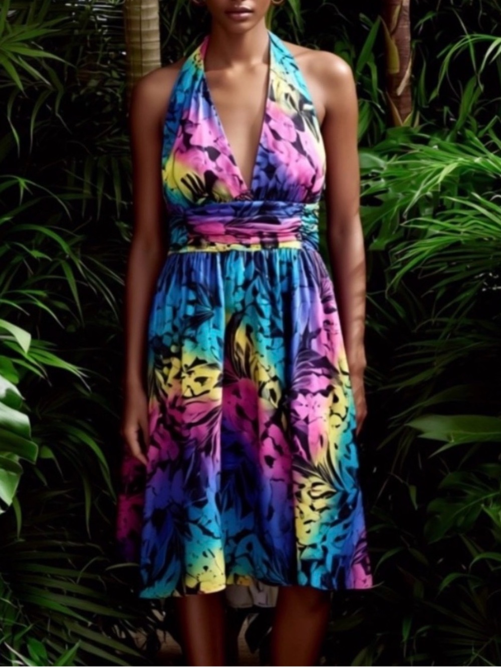 Vintage Halter Floral Tie-Dye Midi Dress in Blue-Pink-Yellow